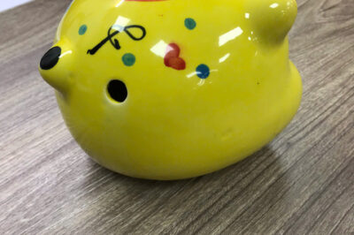 The cheerful yellow piggy bank is not just for saving; it symbolizes happiness and creativity. Its bright yellow color grabs attention, and the hand-painted designs, like the vibrant red tomato on its back, add a playful touch.